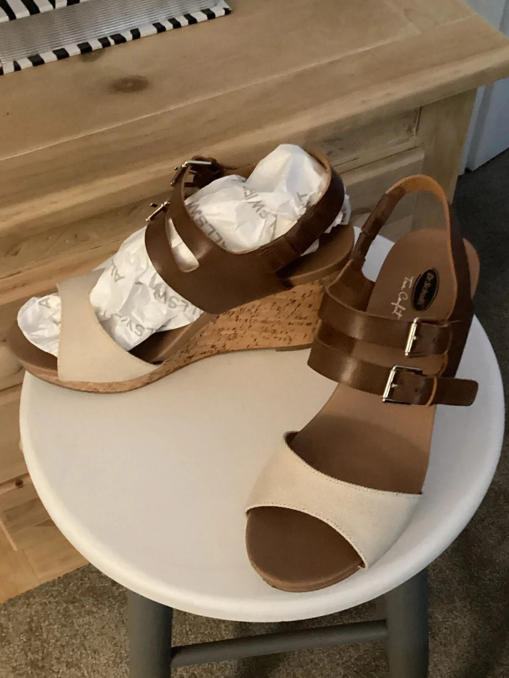 Dr. Scholl's Brown and Cream Cork Wedge Sandals